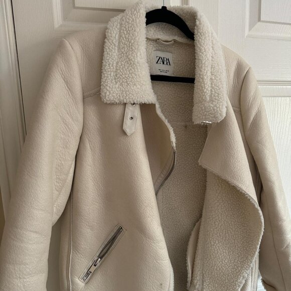 Zara cream Moto style shearling jacket, size M - Picture 1 of 4